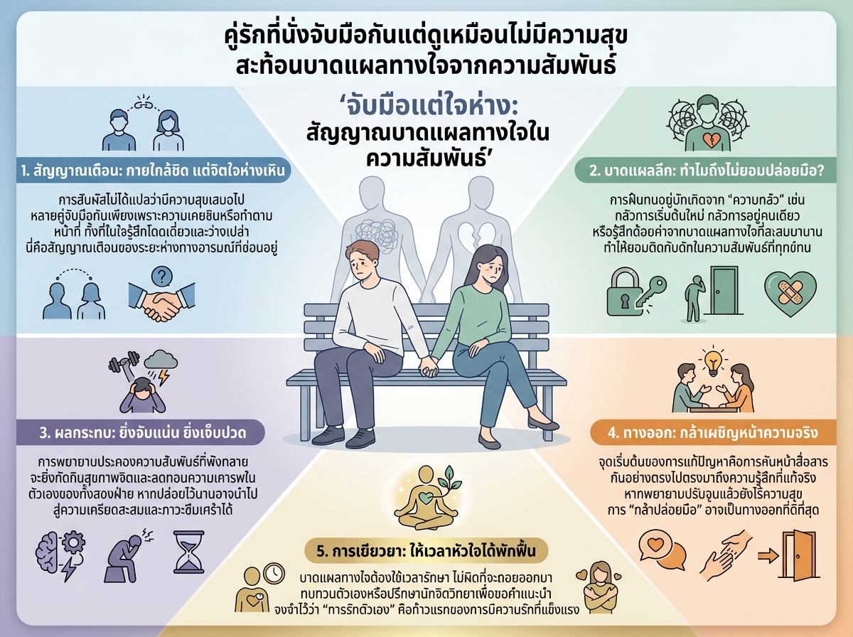 คู่รักที่นั่งจับมือกันแต่ดูเหมือนไม่มีความสุข สะท้อนบาดแผลทางใจจากความสัมพันธ์