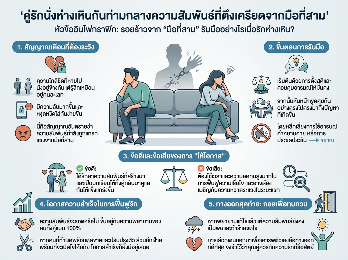 คู่รักนั่งห่างเหินกันท่ามกลางความสัมพันธ์ที่ตึงเครียดจากมือที่สาม