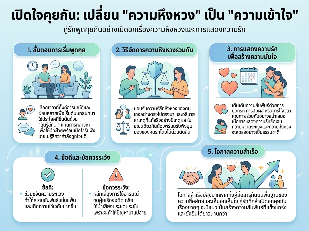คู่รักพูดคุยกันอย่างเปิดอกเรื่องความหึงหวงและการแสดงความรัก