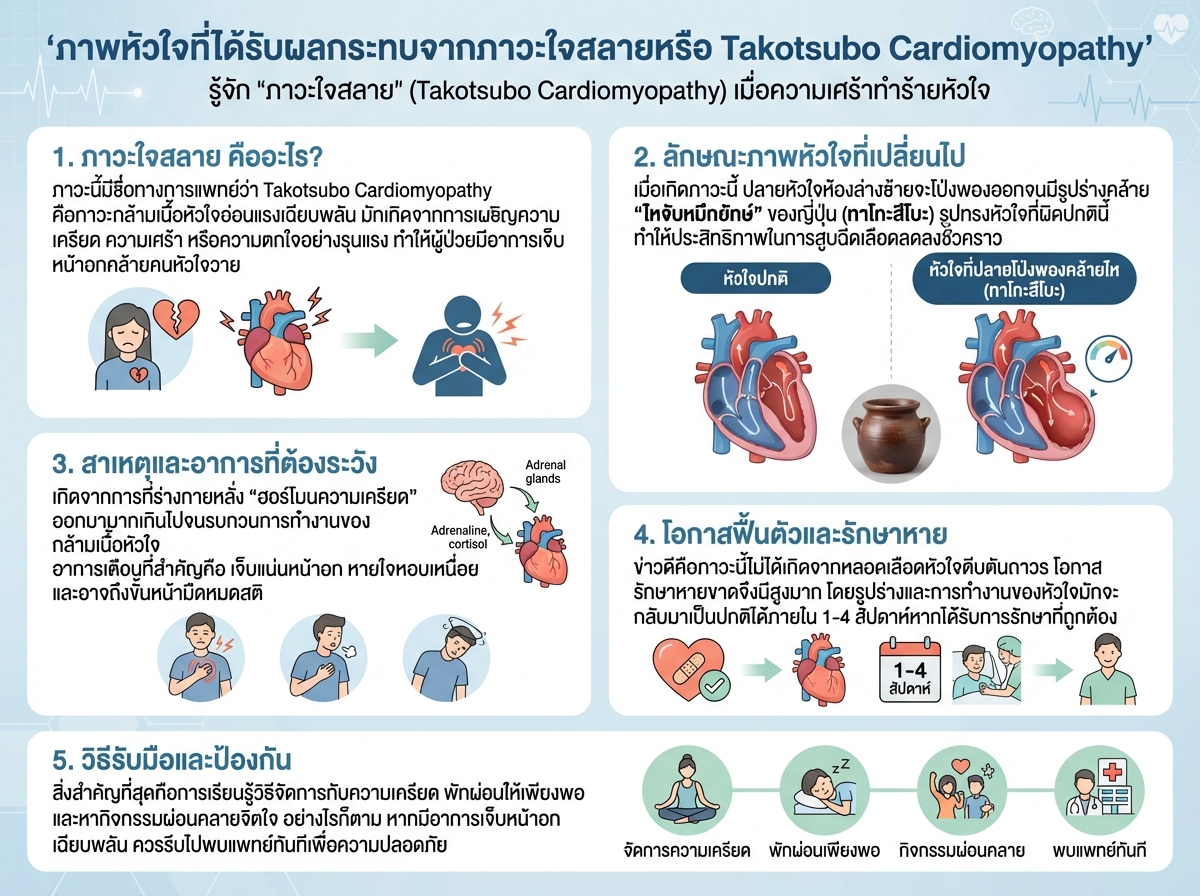 ภาพหัวใจที่ได้รับผลกระทบจากภาวะใจสลายหรือ Takotsubo Cardiomyopathy