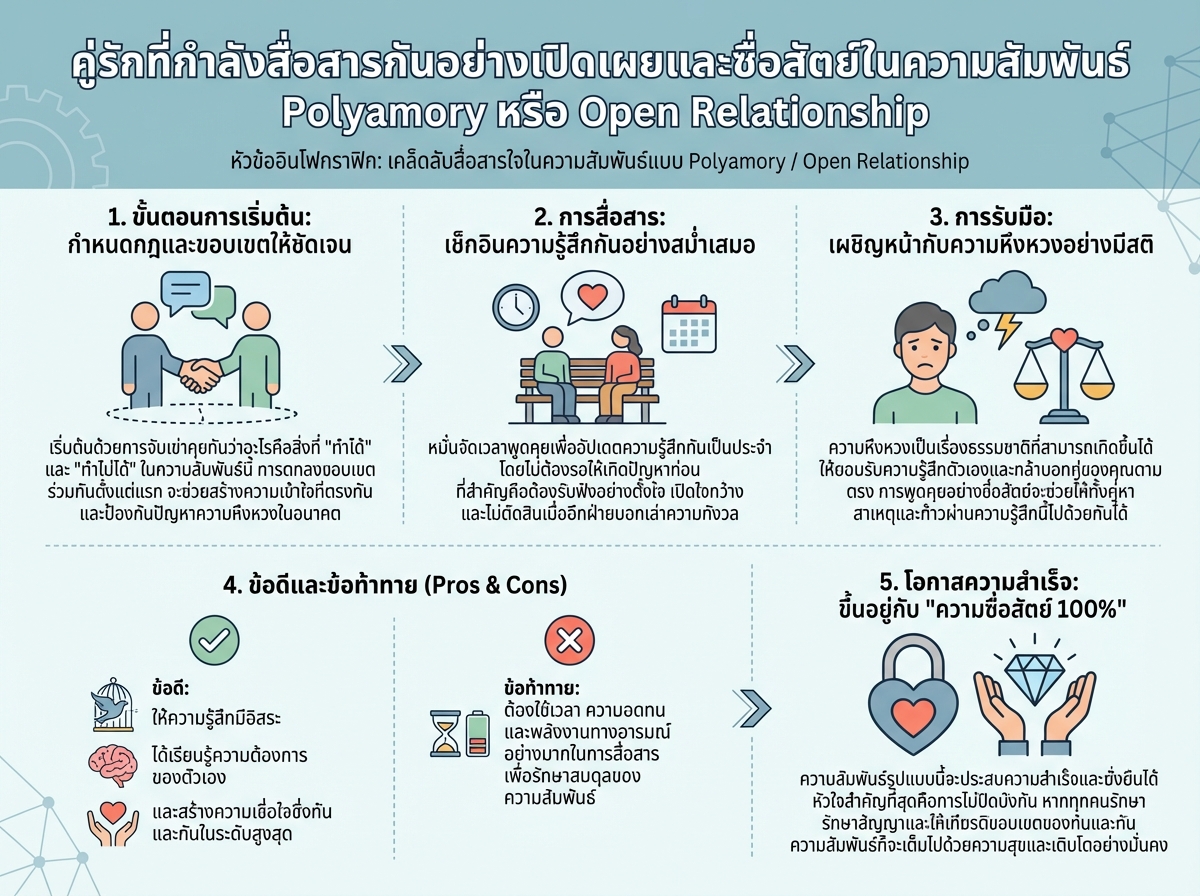 คู่รักที่กำลังสื่อสารกันอย่างเปิดเผยและซื่อสัตย์ในความสัมพันธ์ Polyamory หรือ Open Relationship