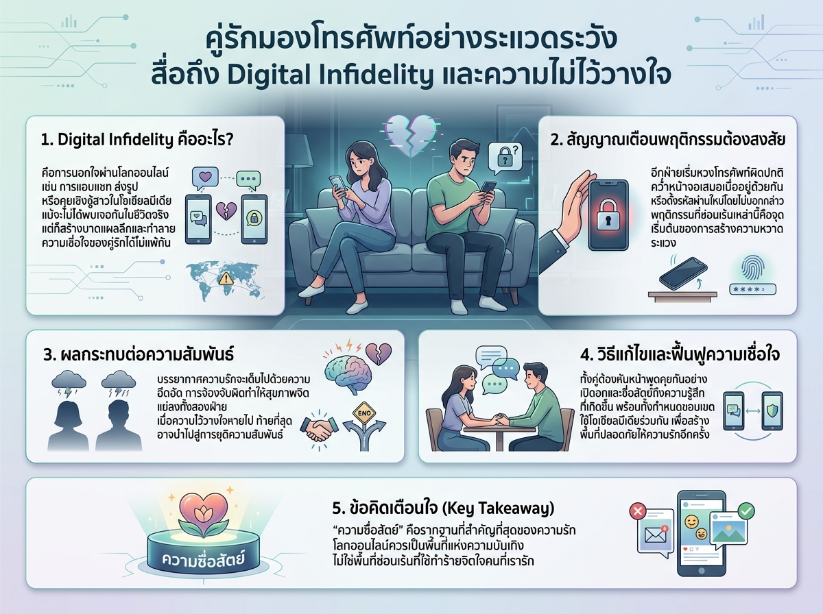 คู่รักมองโทรศัพท์อย่างระแวดระวัง สื่อถึง Digital Infidelity และความไม่ไว้วางใจ