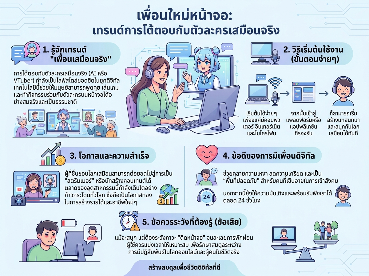 ผู้หญิงกำลังมีปฏิสัมพันธ์กับตัวละครเสมือนจริงบนหน้าจอคอมพิวเตอร์