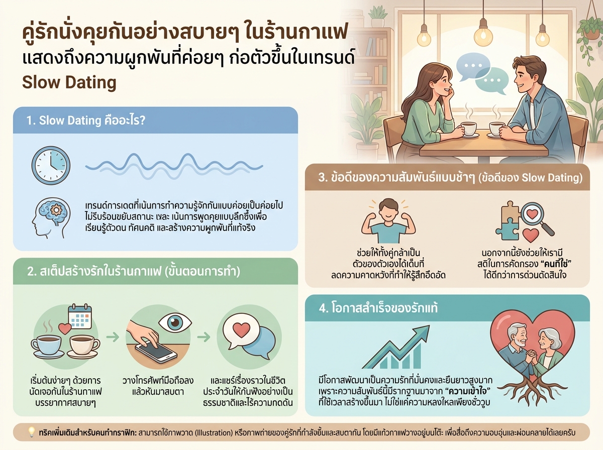 คู่รักนั่งคุยกันอย่างสบายๆ ในร้านกาแฟ แสดงถึงความผูกพันที่ค่อยๆ ก่อตัวขึ้นในเทรนด์ Slow Dating
