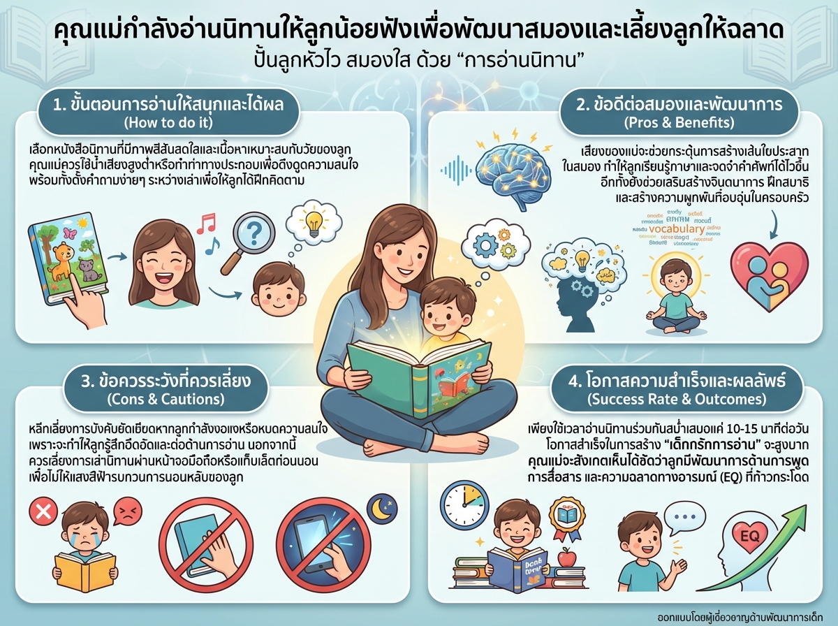 คุณแม่กำลังอ่านนิทานให้ลูกน้อยฟังเพื่อพัฒนาสมองและเลี้ยงลูกให้ฉลาด