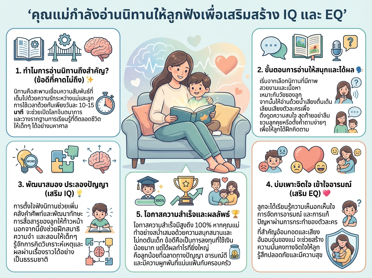 คุณแม่กำลังอ่านนิทานให้ลูกฟังเพื่อเสริมสร้าง IQ และ EQ