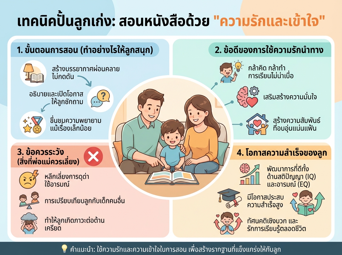 พ่อแม่กำลังสอนหนังสือลูกชายด้วยความรักและเข้าใจ ซึ่งเป็นหนึ่งในเทคนิคปั้นลูกให้เก่ง