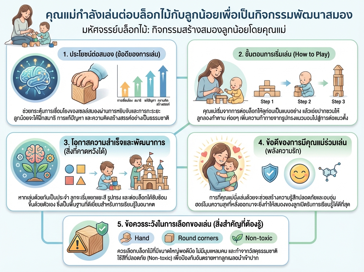 คุณแม่กำลังเล่นต่อบล็อกไม้กับลูกน้อยเพื่อเป็นกิจกรรมพัฒนาสมอง