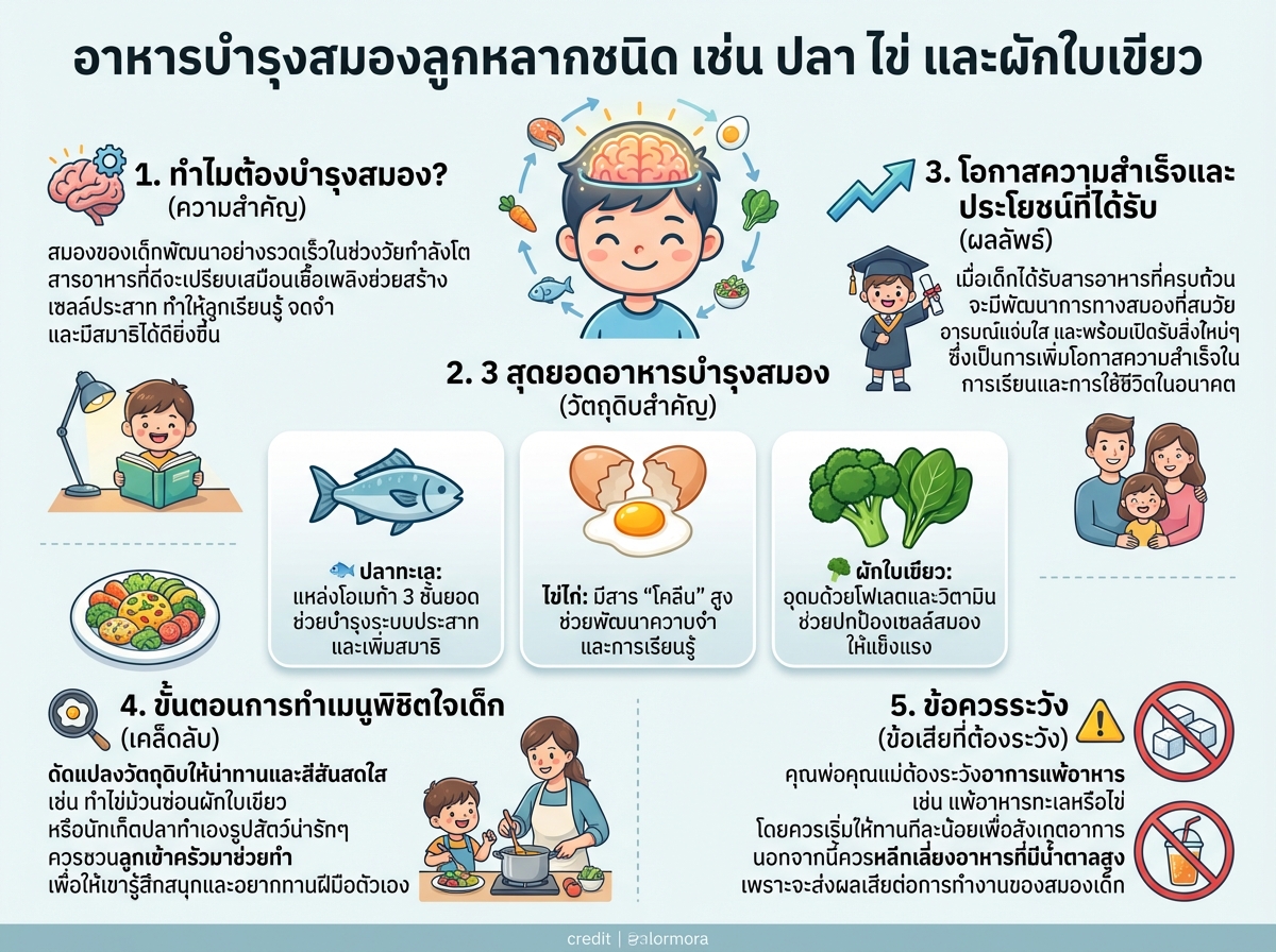 อาหารบำรุงสมองลูกหลากชนิด เช่น ปลา ไข่ และผักใบเขียว