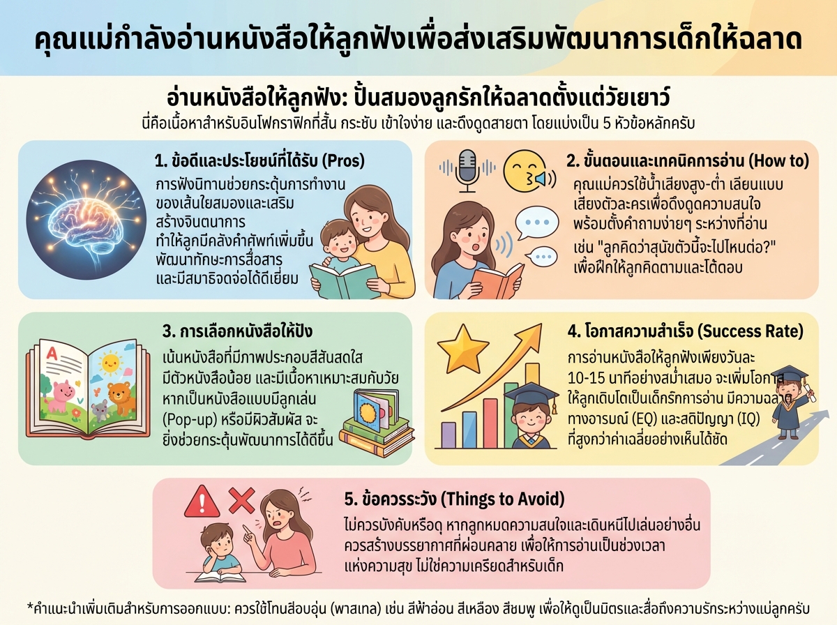 คุณแม่กำลังอ่านหนังสือให้ลูกฟังเพื่อส่งเสริมพัฒนาการเด็กให้ฉลาด