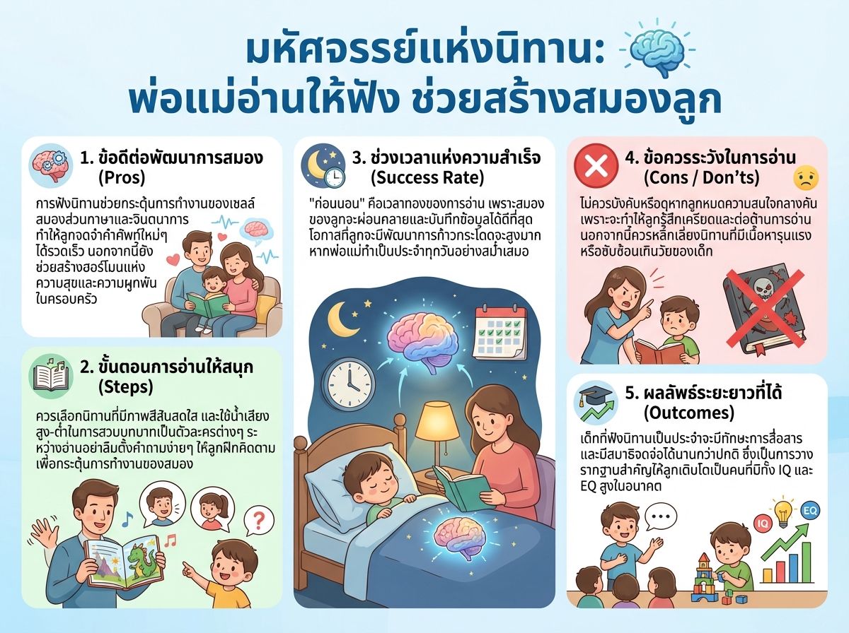 พ่อแม่กำลังอ่านนิทานให้ลูกฟังเพื่อส่งเสริมพัฒนาการสมอง