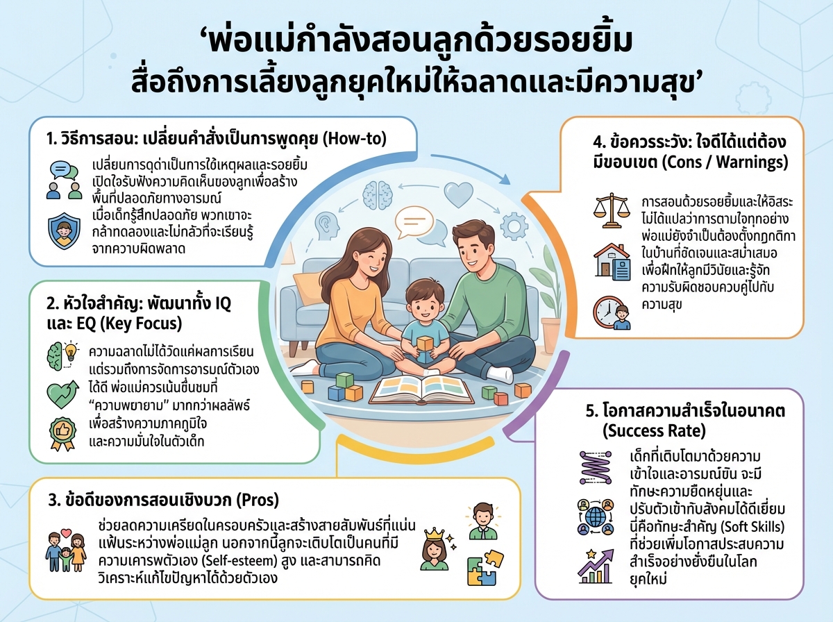 พ่อแม่กำลังสอนลูกด้วยรอยยิ้ม สื่อถึงการเลี้ยงลูกยุคใหม่ให้ฉลาดและมีความสุข