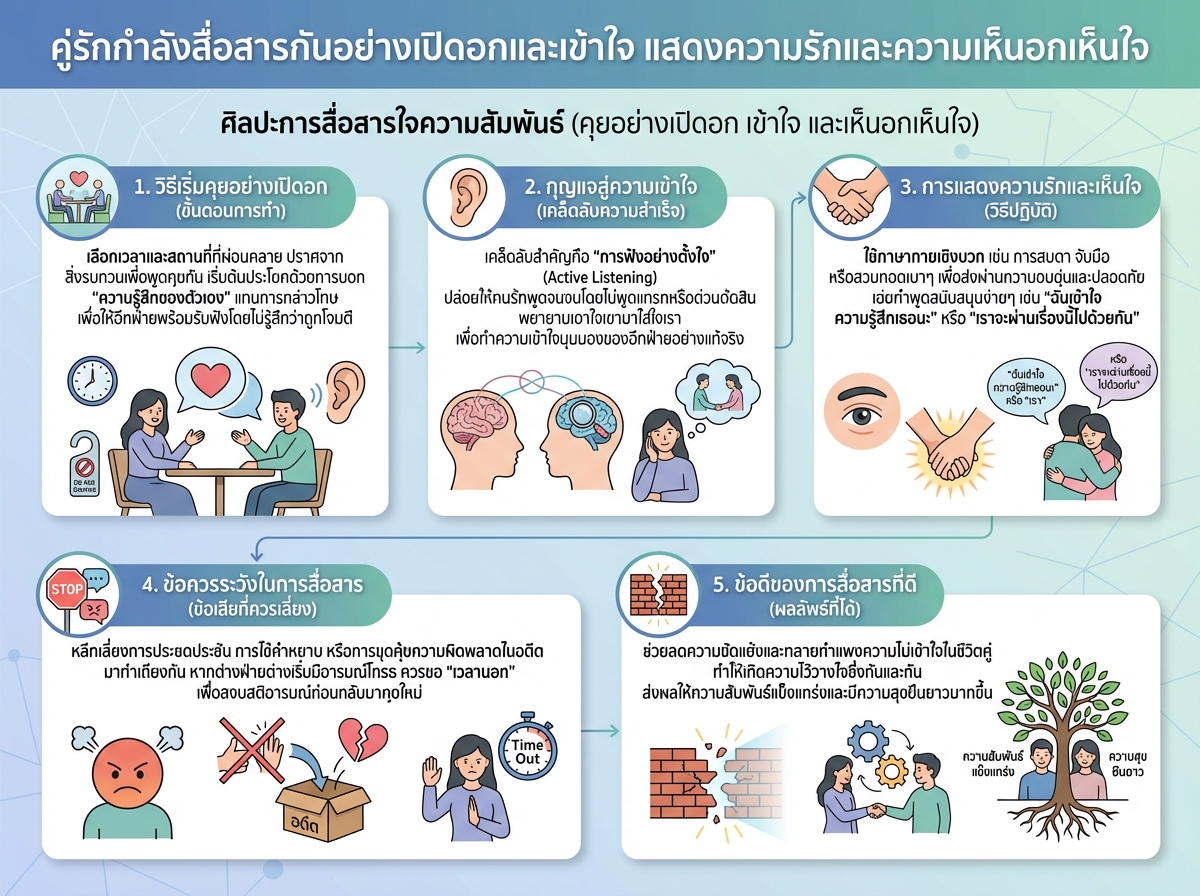 คู่รักกำลังสื่อสารกันอย่างเปิดอกและเข้าใจ แสดงความรักและความเห็นอกเห็นใจ
