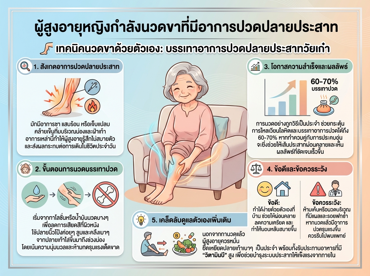 ผู้สูงอายุหญิงกำลังนวดขาที่มีอาการปวดปลายประสาท