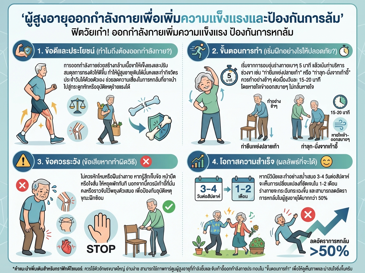 ผู้สูงอายุออกกำลังกายเพื่อเพิ่มความแข็งแรงและป้องกันการล้ม