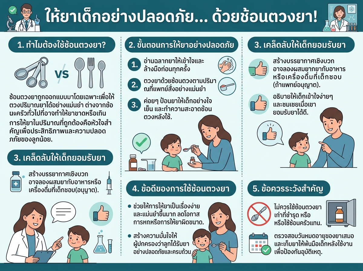 เด็กกำลังรับยาจากช้อนตวง แสดงถึงความปลอดภัยในการให้ยาเด็ก
