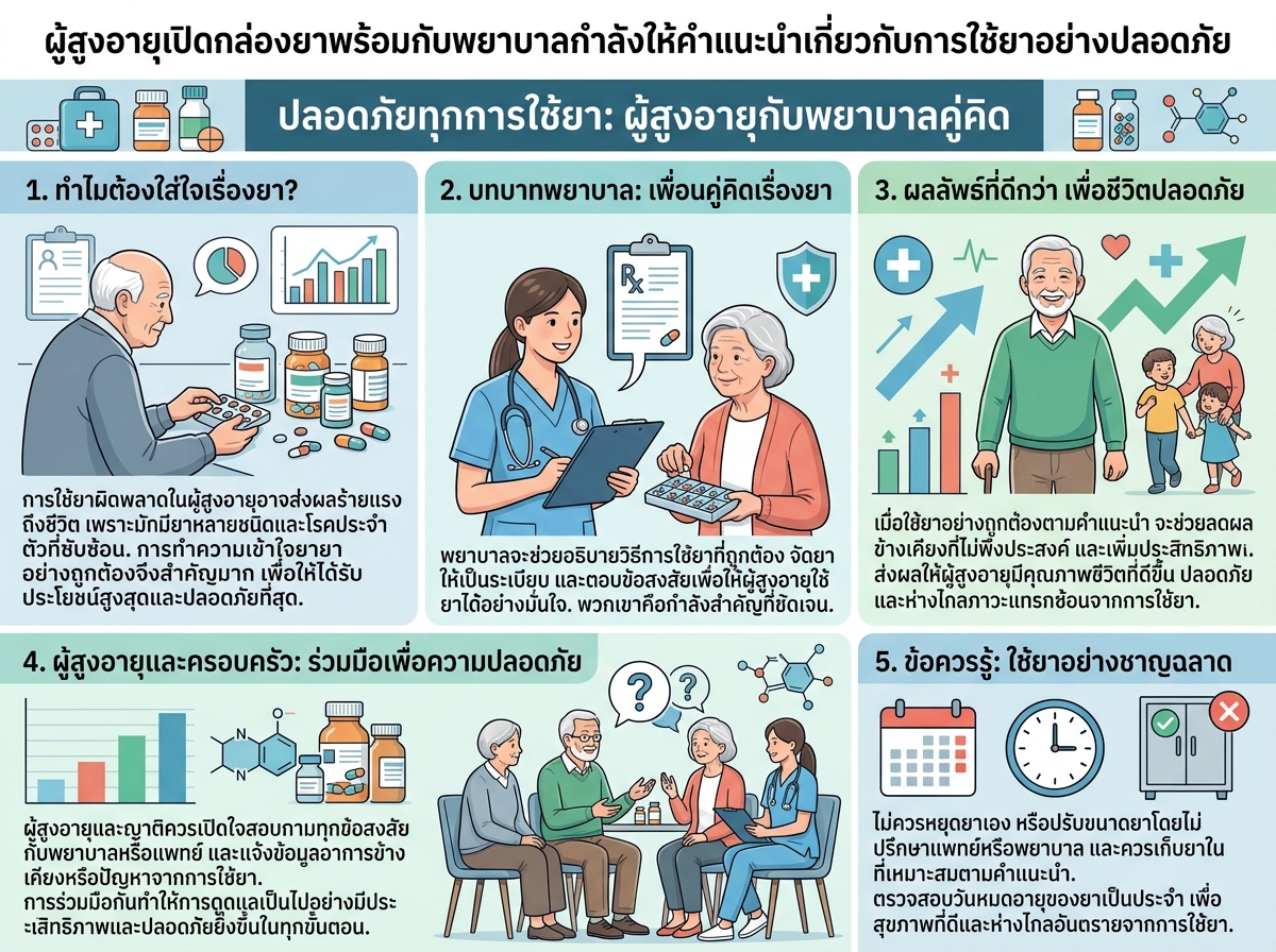 ผู้สูงอายุเปิดกล่องยาพร้อมกับพยาบาลกำลังให้คำแนะนำเกี่ยวกับการใช้ยาอย่างปลอดภัย