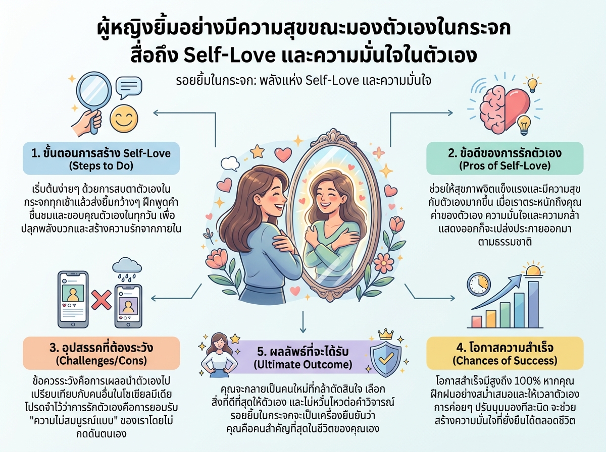ผู้หญิงยิ้มอย่างมีความสุขขณะมองตัวเองในกระจก สื่อถึง Self-Love และความมั่นใจในตัวเอง