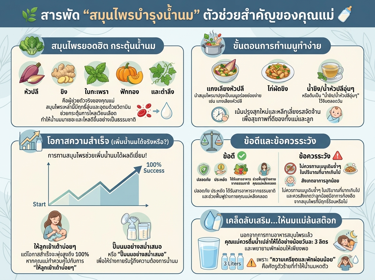 คุณแม่กำลังให้นมบุตรพร้อมอาหารสมุนไพรบำรุงน้ำนม