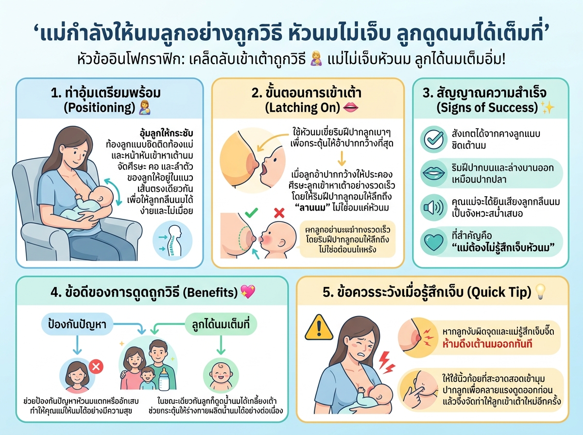 แม่กำลังให้นมลูกอย่างถูกวิธี หัวนมไม่เจ็บ ลูกดูดนมได้เต็มที่