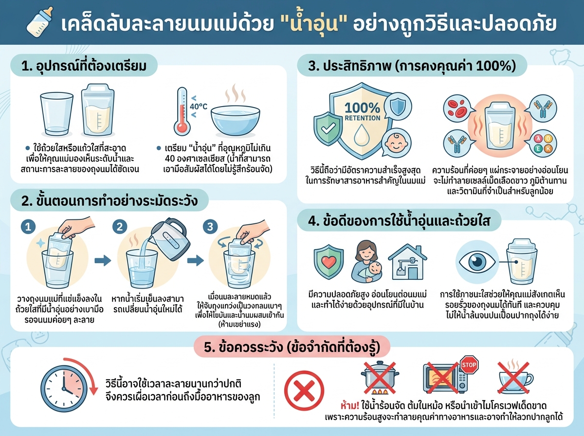 คุณแม่กำลังละลายนมแม่ด้วยน้ำอุ่นในถ้วยใสอย่างระมัดระวัง