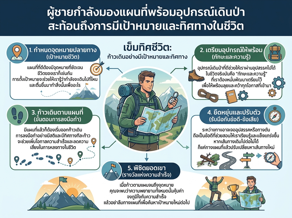 ผู้ชายกำลังมองแผนที่พร้อมอุปกรณ์เดินป่า สะท้อนถึงการมีเป้าหมายและทิศทางในชีวิต