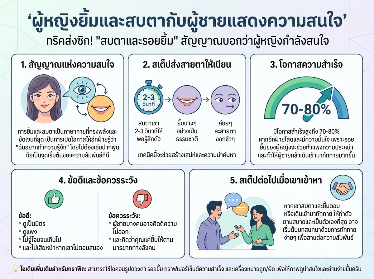ผู้หญิงยิ้มและสบตากับผู้ชายแสดงความสนใจ