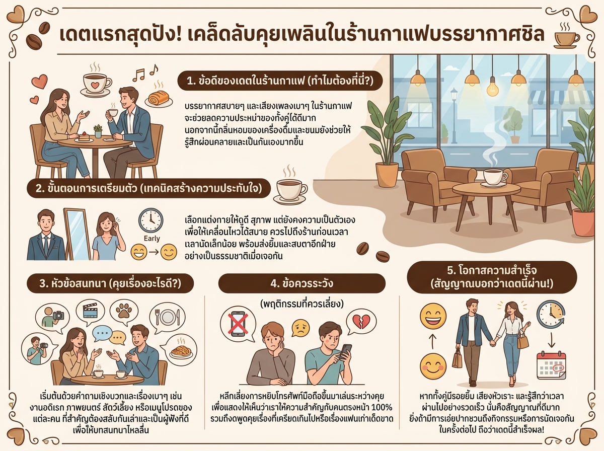 คู่รักนั่งคุยกันอย่างมีความสุขในร้านกาแฟบรรยากาศสบายๆ สำหรับเดตแรกที่ประทับใจ