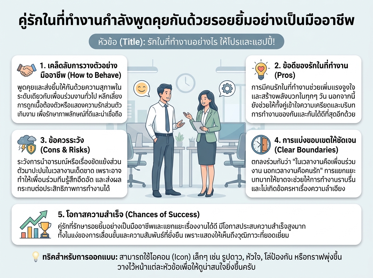 คู่รักในที่ทำงานกำลังพูดคุยกันด้วยรอยยิ้มอย่างเป็นมืออาชีพ