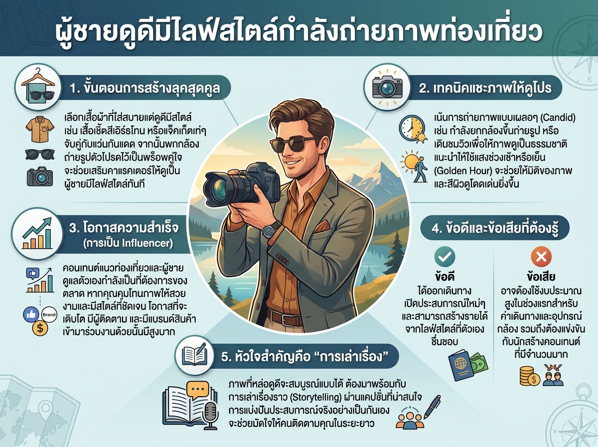 ผู้ชายดูดีมีไลฟ์สไตล์กำลังถ่ายภาพท่องเที่ยว