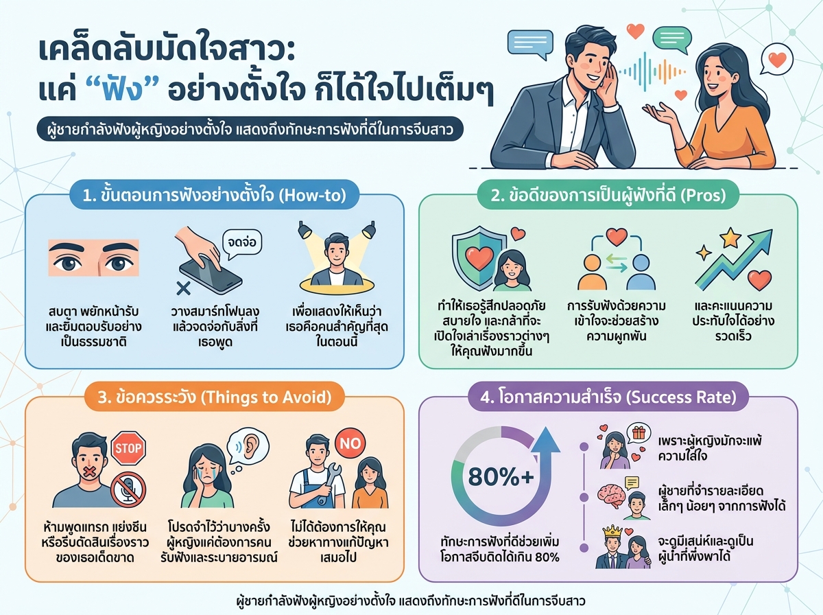 ผู้ชายกำลังฟังผู้หญิงอย่างตั้งใจ แสดงถึงทักษะการฟังที่ดีในการจีบสาว