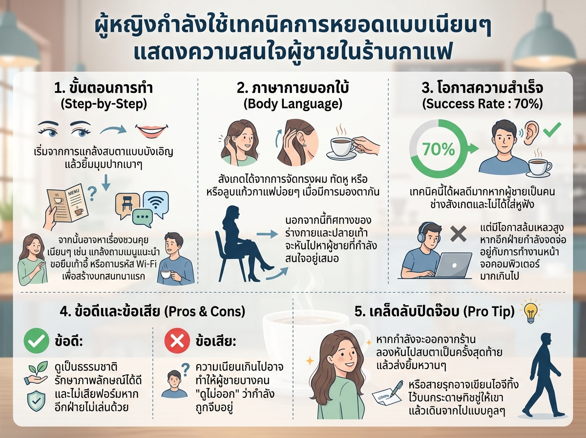 ผู้หญิงกำลังใช้เทคนิคการหยอดแบบเนียนๆ แสดงความสนใจผู้ชายในร้านกาแฟ