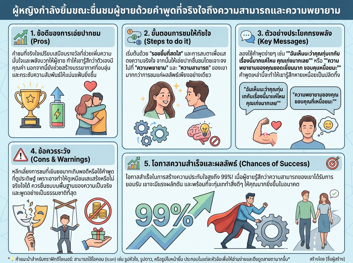 ผู้หญิงกำลังยิ้มขณะชื่นชมผู้ชายด้วยคำพูดที่จริงใจถึงความสามารถและความพยายาม