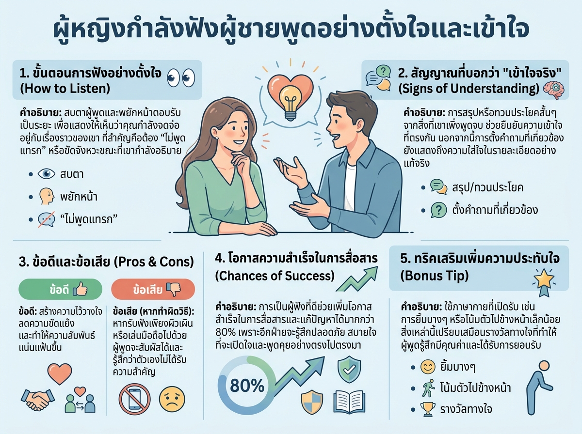 ผู้หญิงกำลังฟังผู้ชายพูดอย่างตั้งใจและเข้าใจ