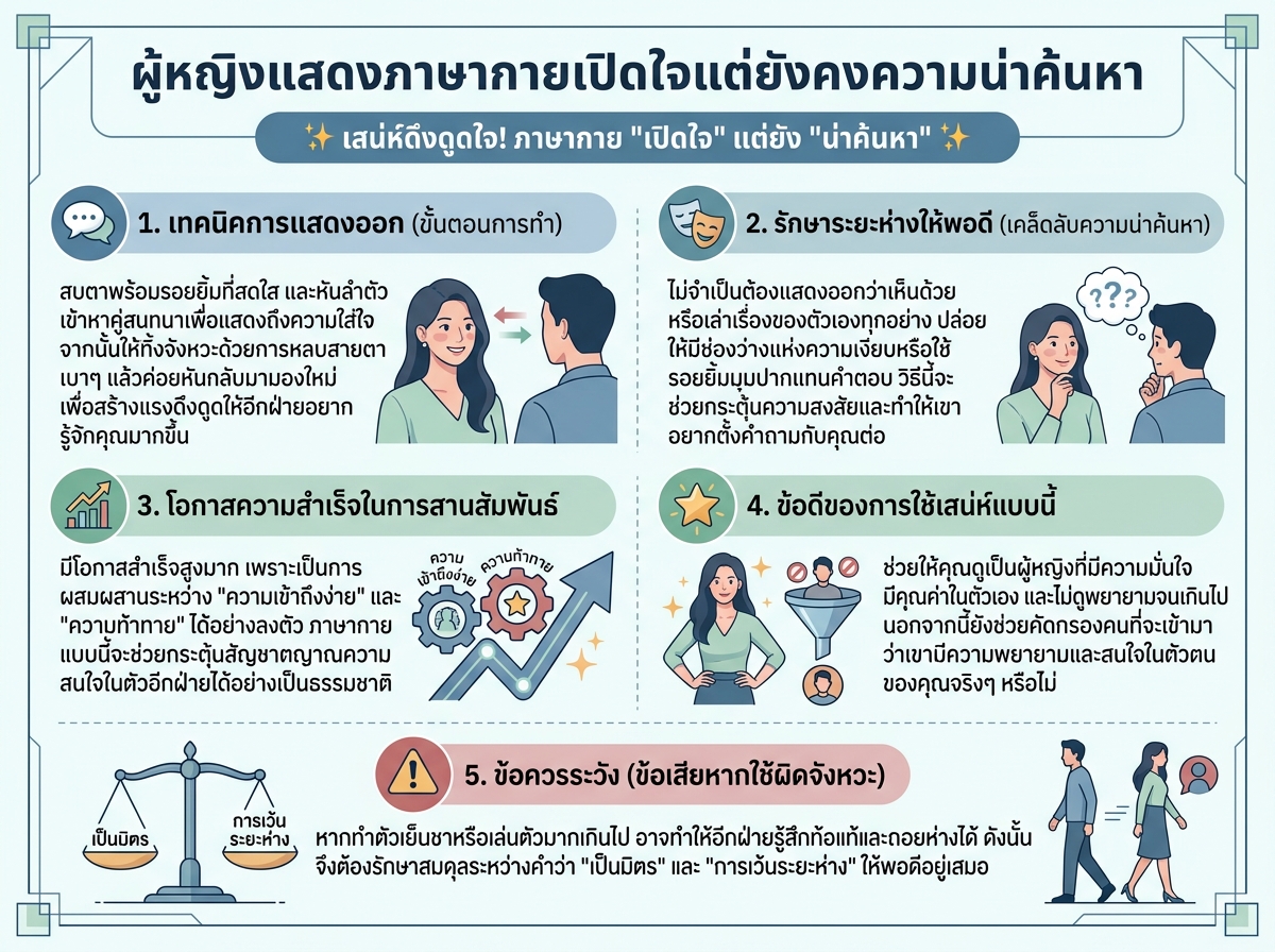 ผู้หญิงแสดงภาษากายเปิดใจแต่ยังคงความน่าค้นหา