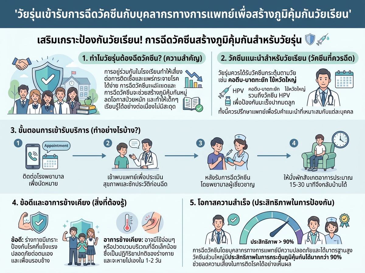 วัยรุ่นเข้ารับการฉีดวัคซีนกับบุคลากรทางการแพทย์เพื่อสร้างภูมิคุ้มกันวัยเรียน