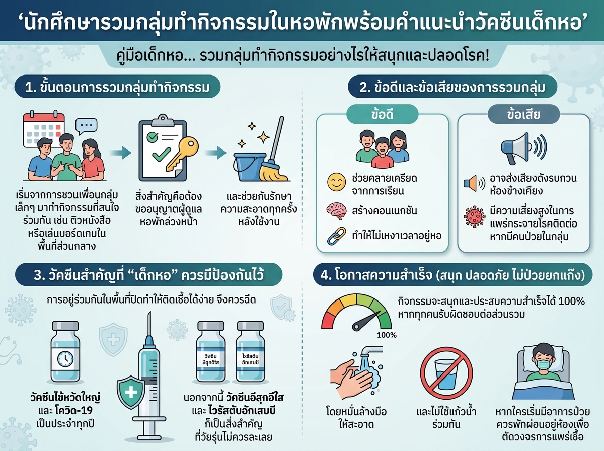 นักศึกษารวมกลุ่มทำกิจกรรมในหอพักพร้อมคำแนะนำวัคซีนเด็กหอ