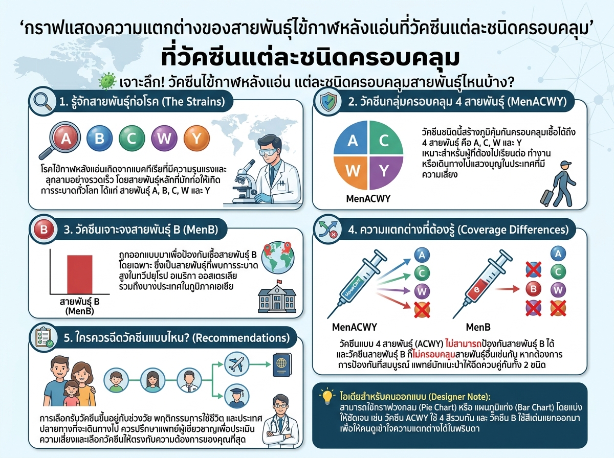 กราฟแสดงความแตกต่างของสายพันธุ์ไข้กาฬหลังแอ่นที่วัคซีนแต่ละชนิดครอบคลุม