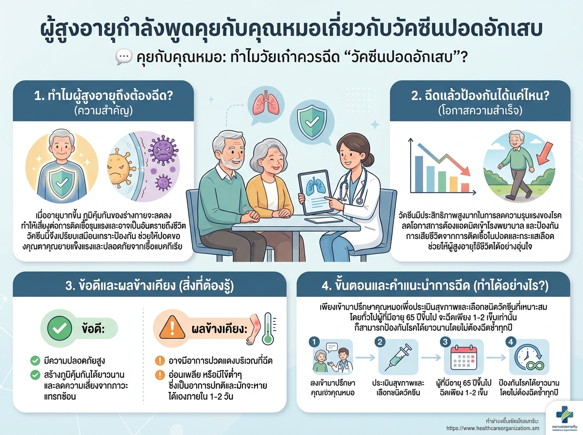 ผู้สูงอายุกำลังพูดคุยกับคุณหมอเกี่ยวกับวัคซีนปอดอักเสบ
