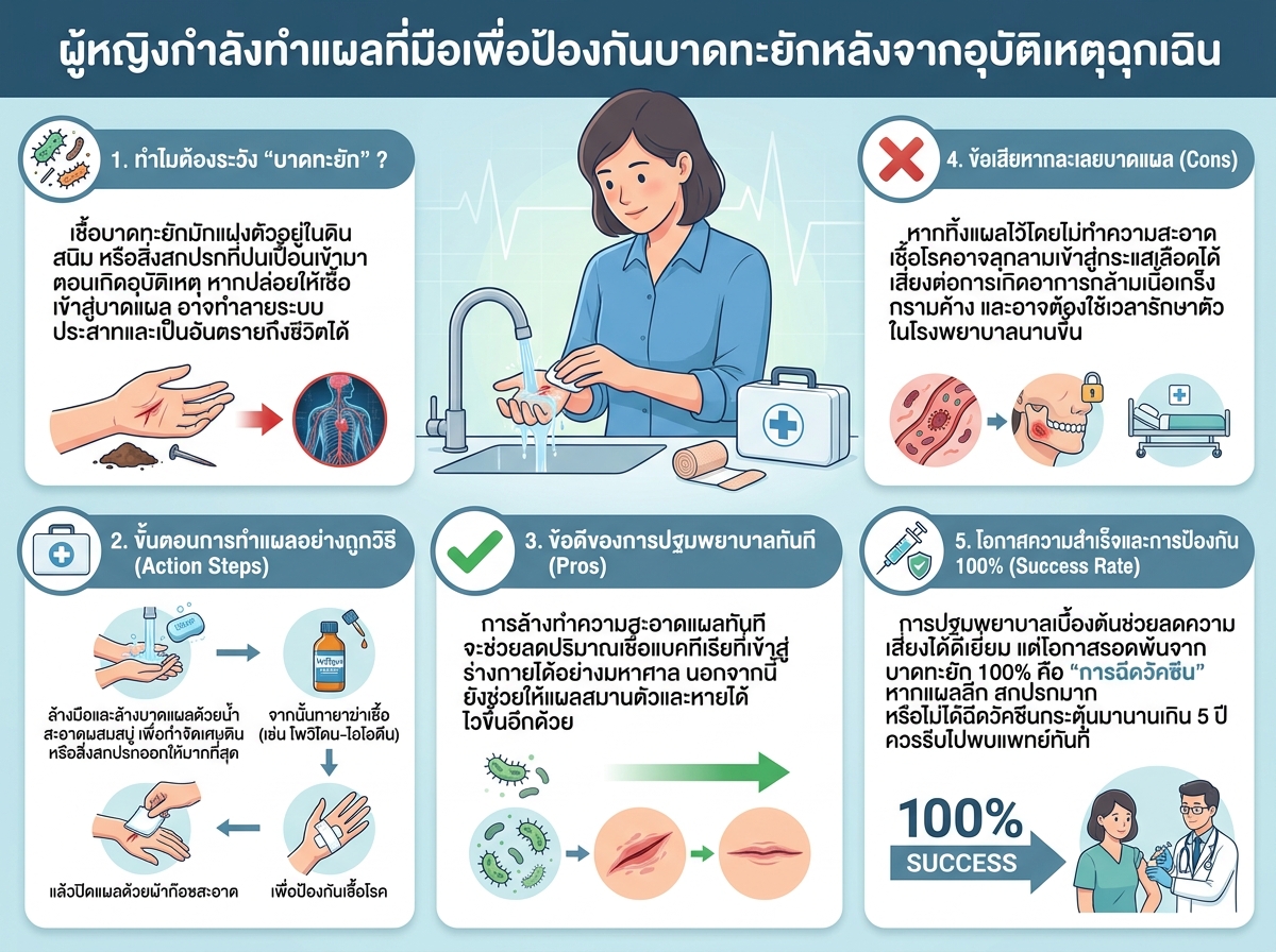 ผู้หญิงกำลังทำแผลที่มือเพื่อป้องกันบาดทะยักหลังจากอุบัติเหตุฉุกเฉิน