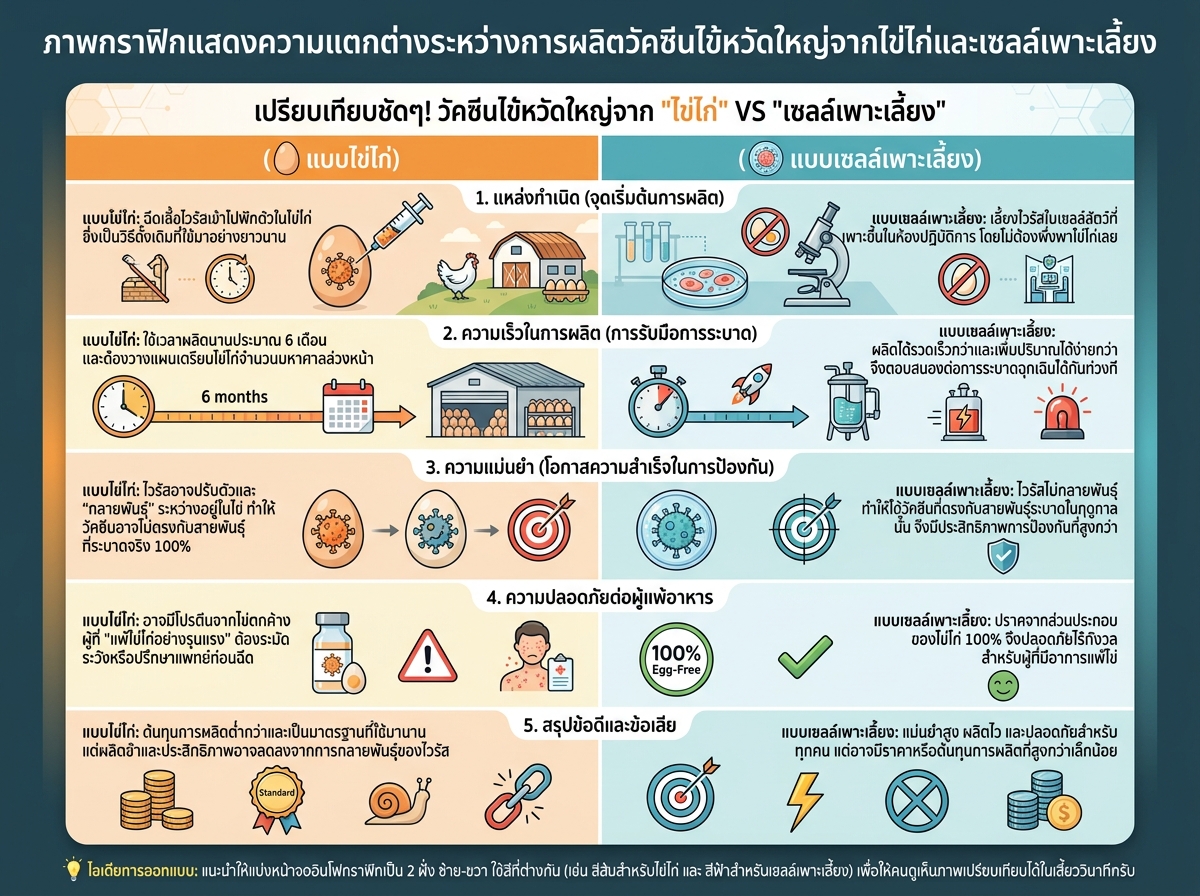 ภาพกราฟิกแสดงความแตกต่างระหว่างการผลิตวัคซีนไข้หวัดใหญ่จากไข่ไก่และเซลล์เพาะเลี้ยง