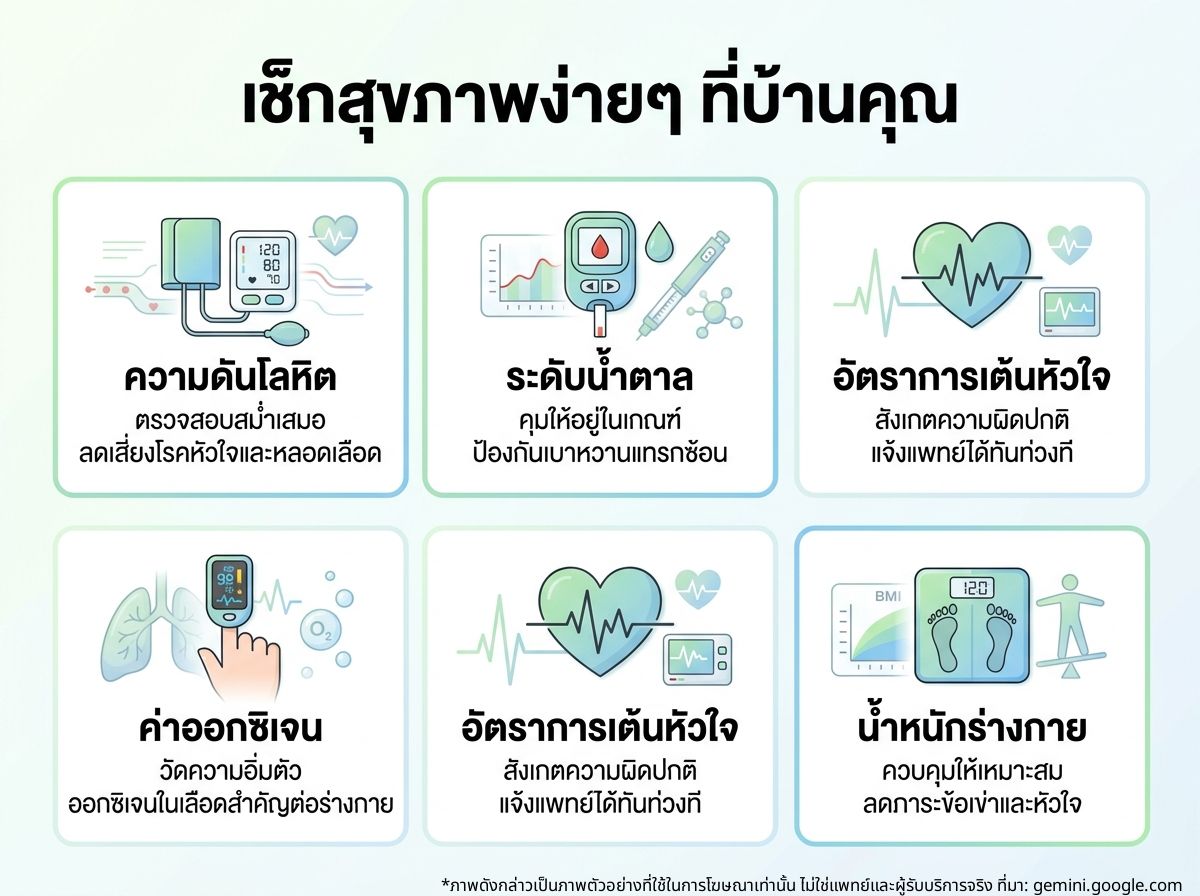 ผู้สูงอายุหญิงกำลังตรวจสอบสุขภาพของตัวเองด้วยเครื่องมือในห้องนั่งเล่น