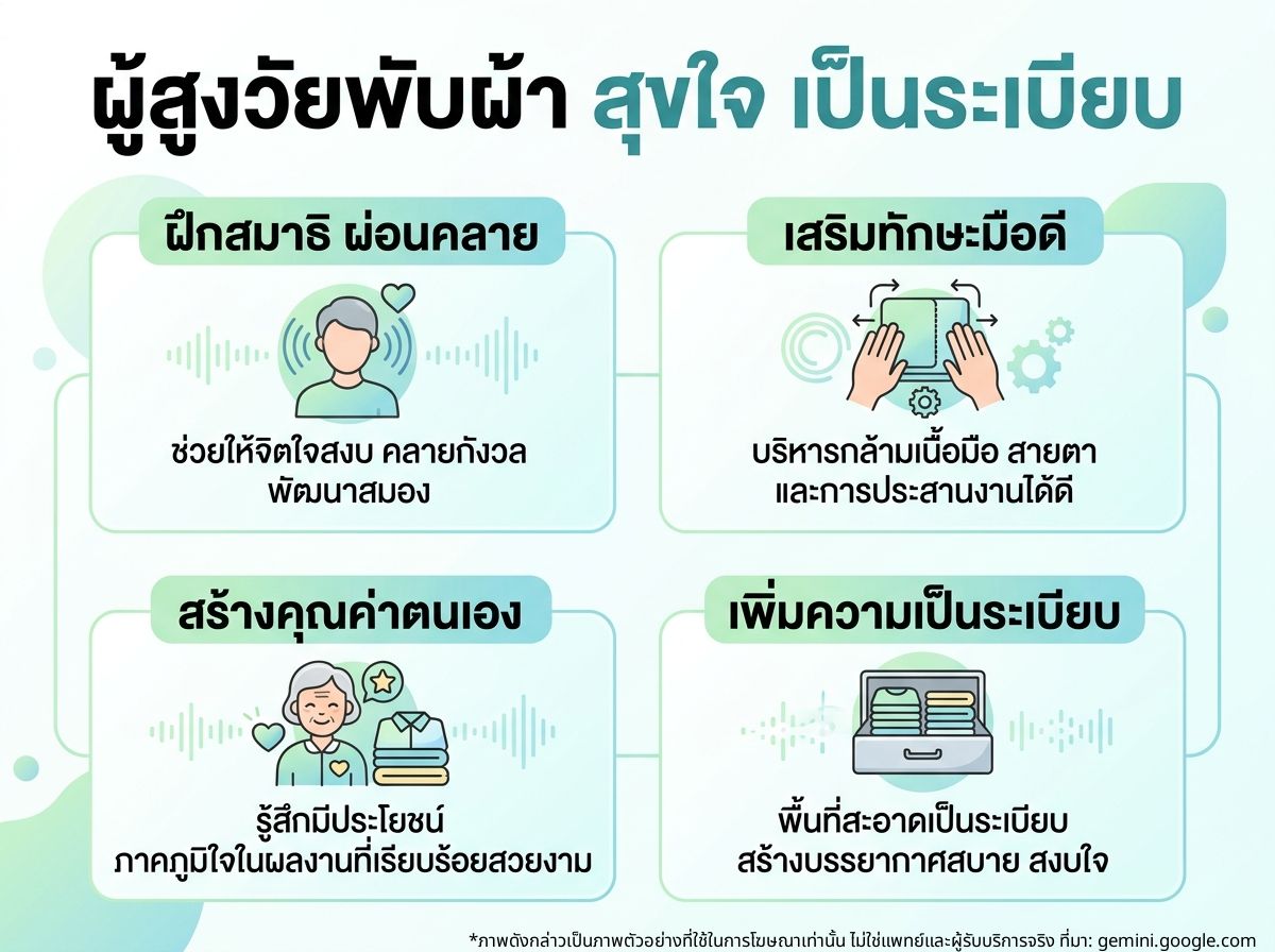ผู้สูงอายุพับผ้าอย่างมีความสุขและเป็นระเบียบ