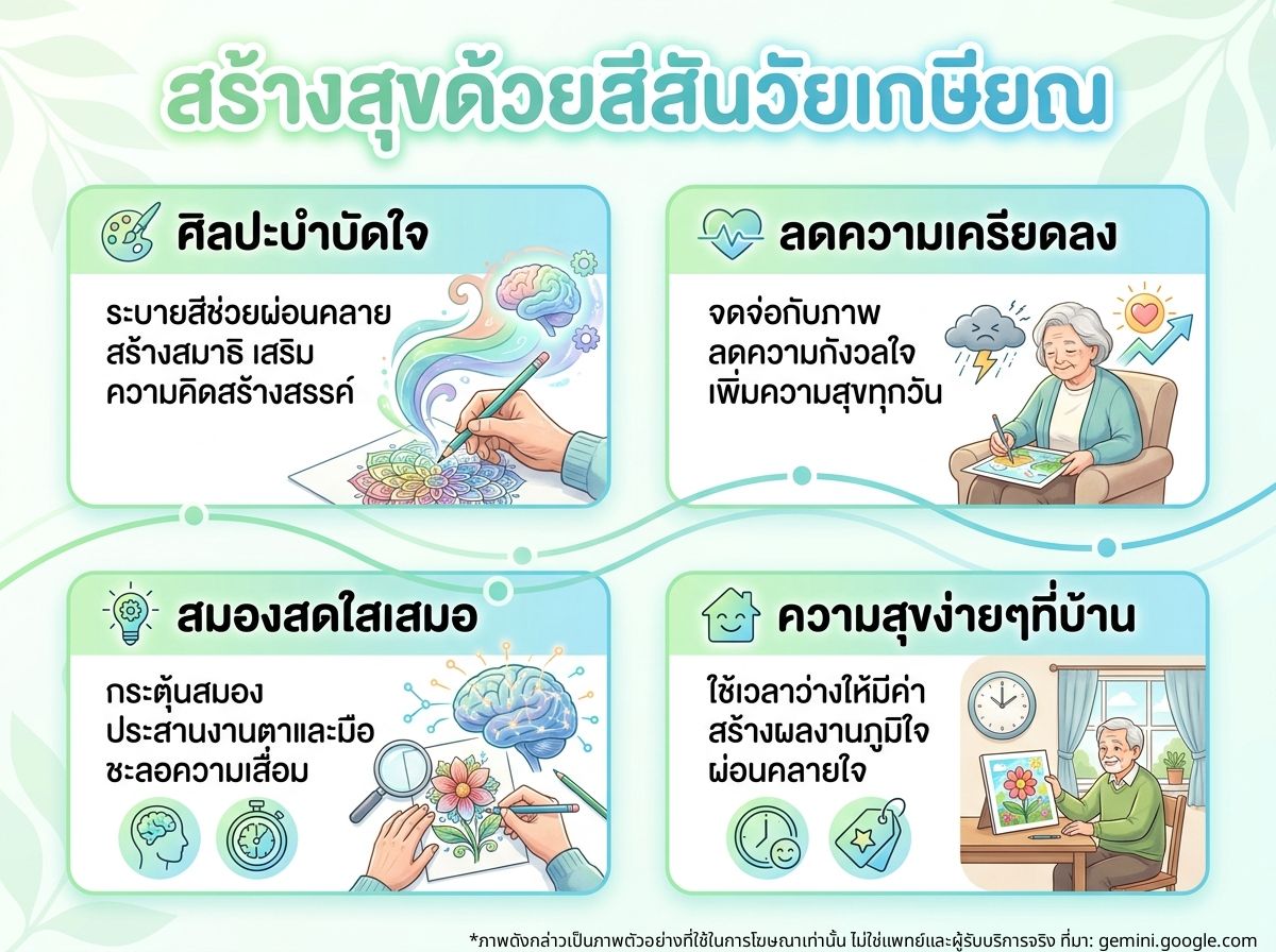 ผู้สูงอายุหญิงกำลังวาดภาพระบายสีอย่างมีความสุขในห้องนั่งเล่น