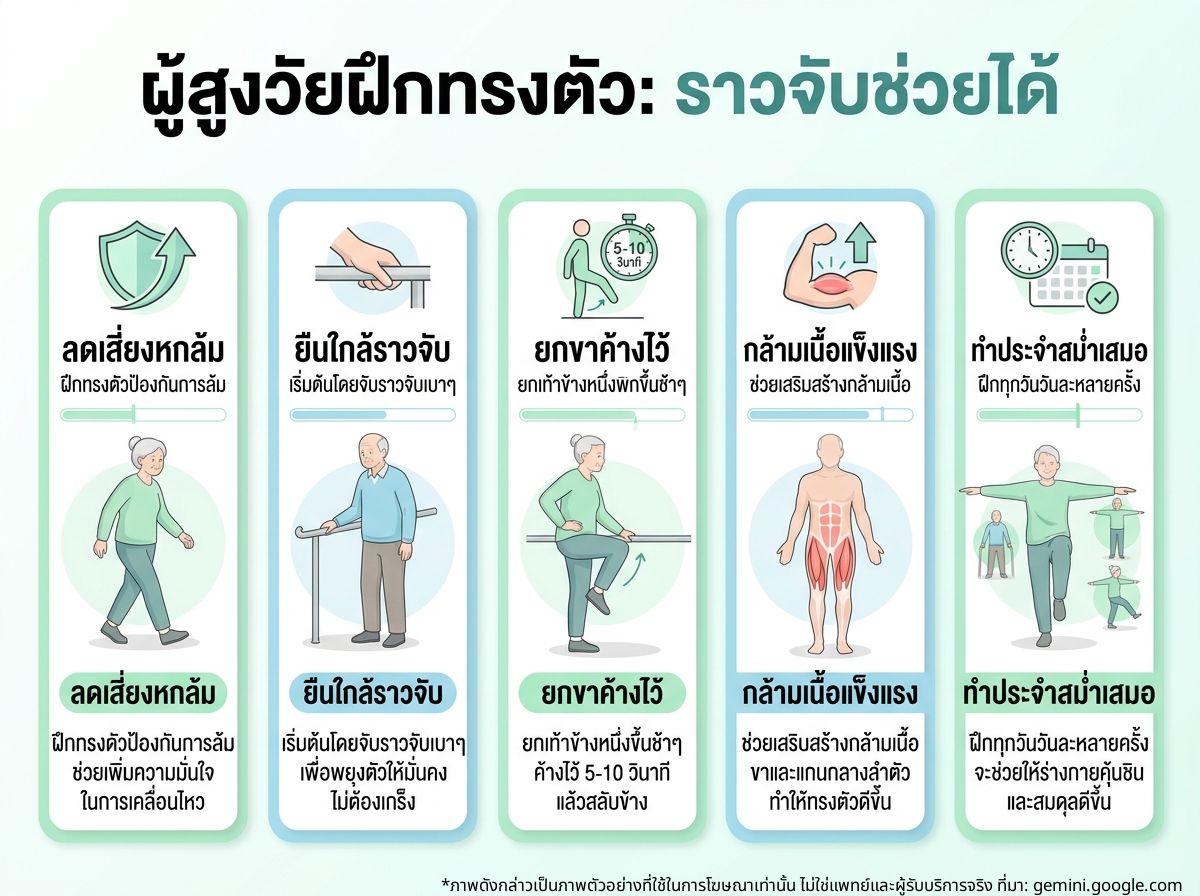 ผู้สูงอายุฝึกการทรงตัวโดยจับราวจับ