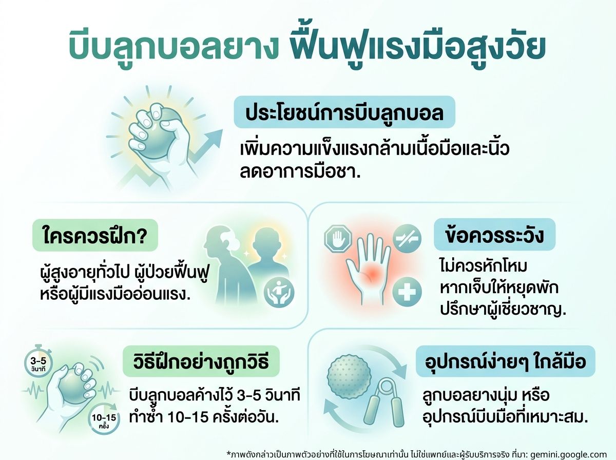 ผู้สูงอายุหญิงกำลังบีบลูกบอลยางเพื่อฟื้นฟูแรงบีบมือ