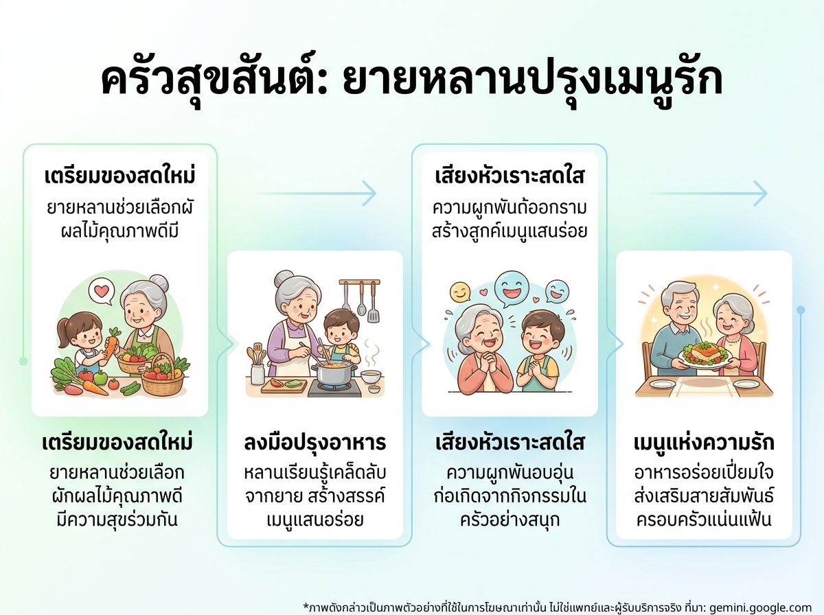 ผู้สูงอายุหญิงกับหลานสาวกำลังเตรียมอาหารในครัวอย่างสนุกสนาน