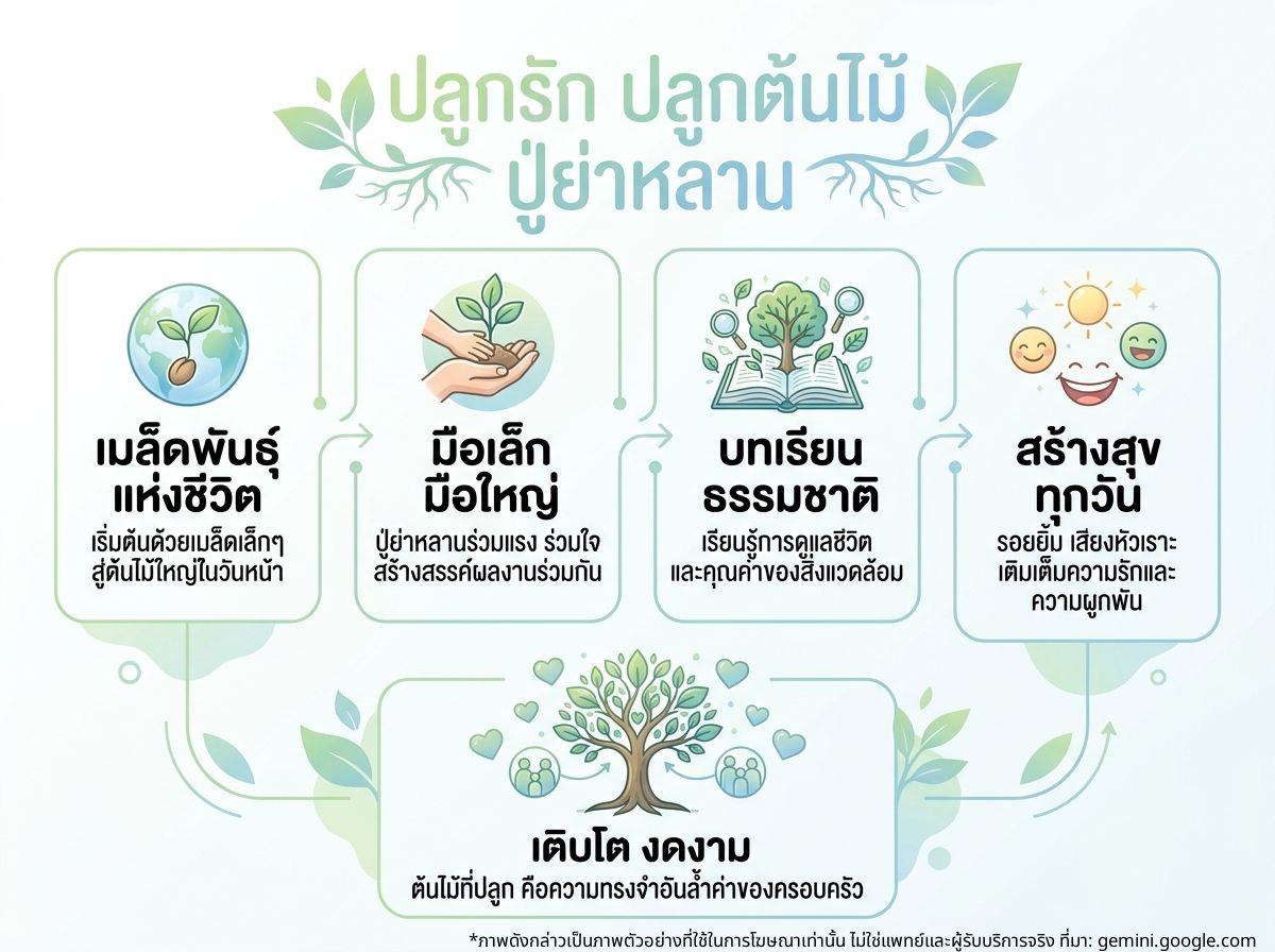 ปู่ย่าตายายและหลานกำลังปลูกต้นไม้กระถางเล็กด้วยกันอย่างมีความสุข