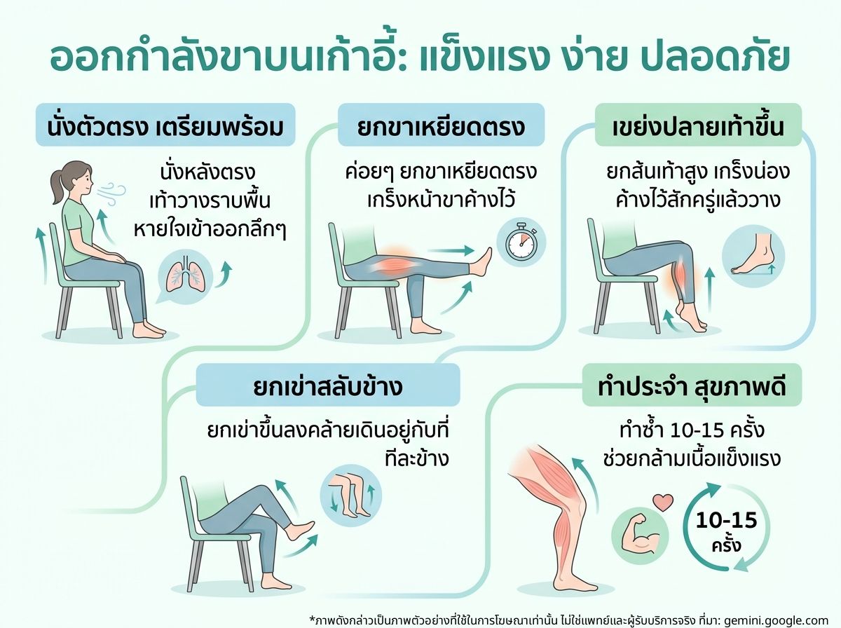 ผู้สูงอายุออกกำลังกายบนเก้าอี้ บริหารกล้ามเนื้อขา