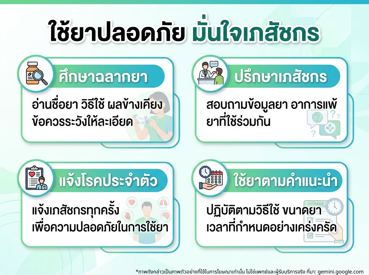 ผู้คนกำลังศึกษาฉลากยาและปรึกษาเภสัชกรเพื่อการใช้ยาอย่างปลอดภัย